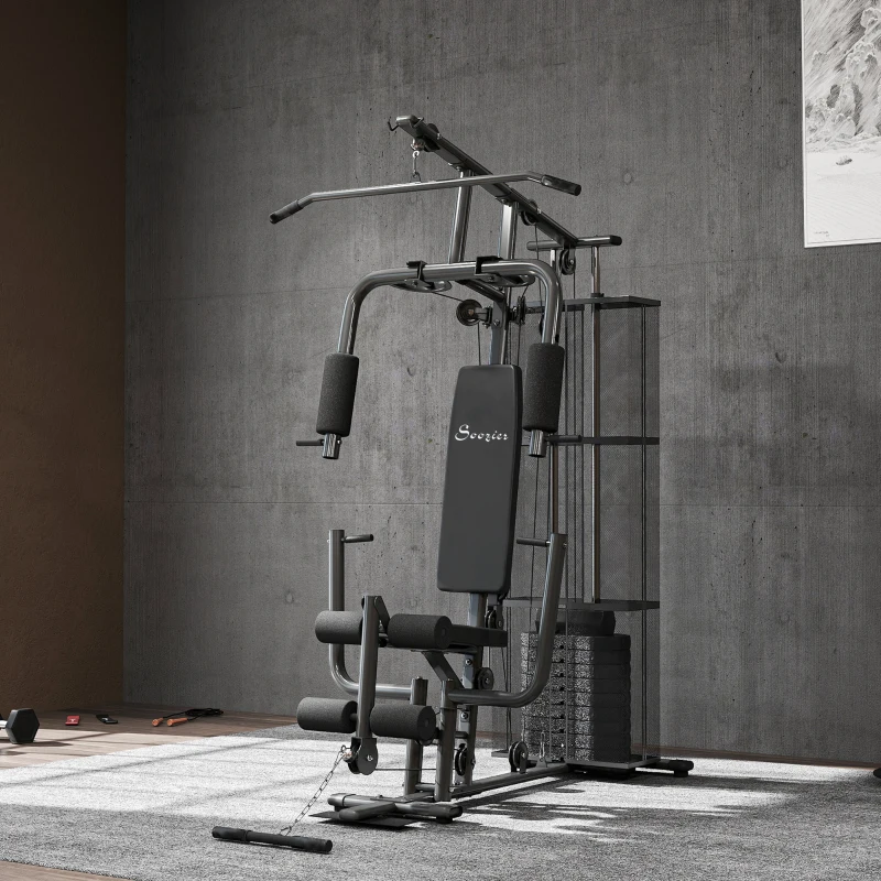 Soozier Home Gym, Multifunction Gym Equipment Workout Station with 100Lbs Weight Stack for Lat Pulldown, Leg Extensions, Preacher Bicep Curls, Triceps Pulldowns, Chest Press, Black