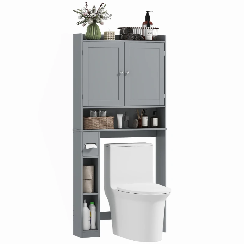 HOMCOM Modern Over The Toilet Storage Shelf with 2 Doors, Above Commode Storage Cabinet with Toilet Paper Holder, Grey