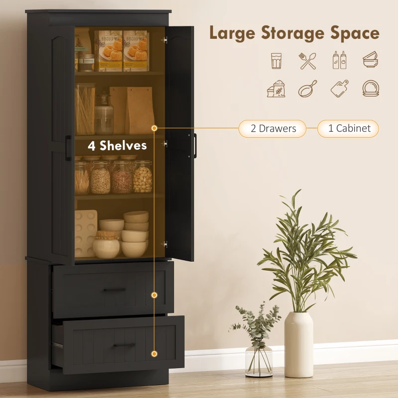 HOMCOM Tall Pantry Cabinet, 67" Kitchen Storage Cabinet with Adjustable Shelves and 2 Drawers for Kitchen, Dining Room, Black