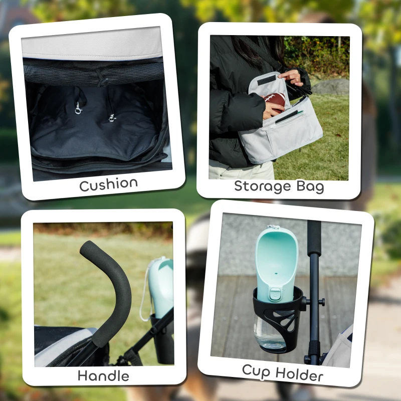 PawHut Foldable Dog Stroller, Lightweight Dog Pram w/ Shoulder Strap, Storage Bag, Cup Holder, Light Grey