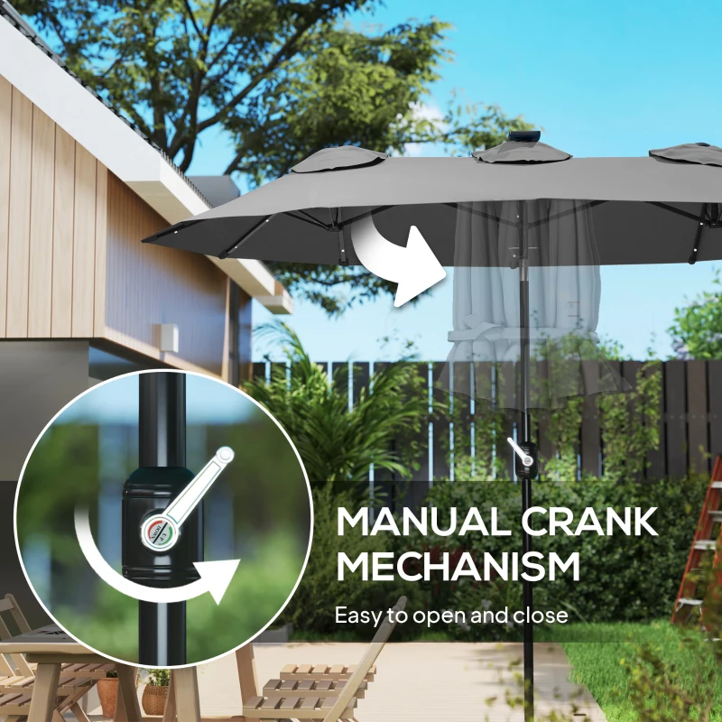 Outsunny Double-sided Patio Umbrella, 9.7' Outdoor Umbrella with Tilt and Crank, LED Solar Light and 12 Ribs, Gray