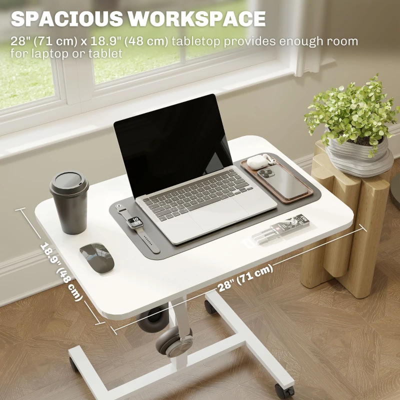 HOMCOM Height Adjustable Standing Desk, Pneumatic Sit Stand Desk with Wheels and Headphone Hook, White Wood Grain