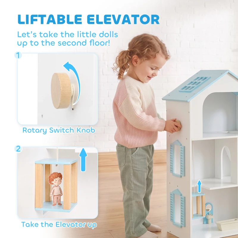 Qaba Wooden Doll House with Elevator, 5 Rooms and 13 Furniture Accessories, Pretend Play Toy Gift for Kids Ages 3-6, Blue