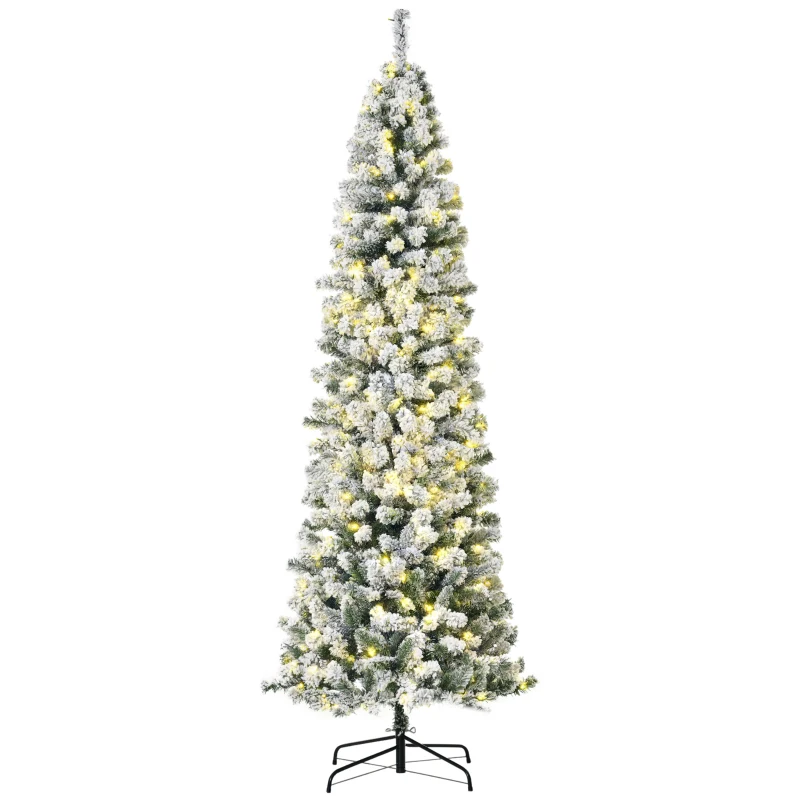 HOMCOM 7.5 Feet Christmas Tree Prelit Artificial Snow Flocked with Warm White LED Light, Holiday Home Xmas Decoration, Green White