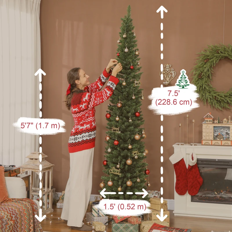 HOMCOM 7.5ft Christmas Tree with Colourful DIY Synchronized LEDs, Hinged Pencil Xmas Tree with Remote, Daily Timer, Green