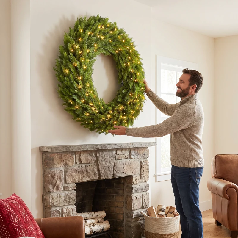 HOMCOM Christmas Decoration, 48 in Pre-Lit Norwegian Spruce Artificial Christmas Wreath with 150 LED Lights, Green