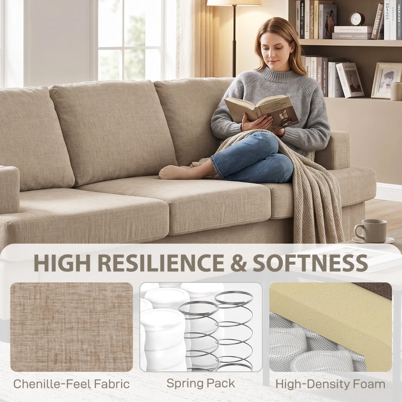 HOMCOM 3 Seater Sofa with USB Ports & Cup Holders, Chenille-Feel Upholstered Couch for Living Room, Light Brown