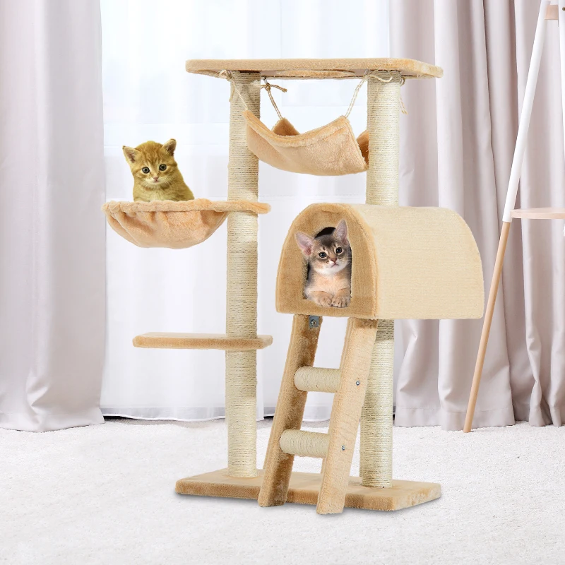 PawHut 39" Deluxe Cat Tree Tower Scratching Post Kitten Condo Activity Center Deep Cream