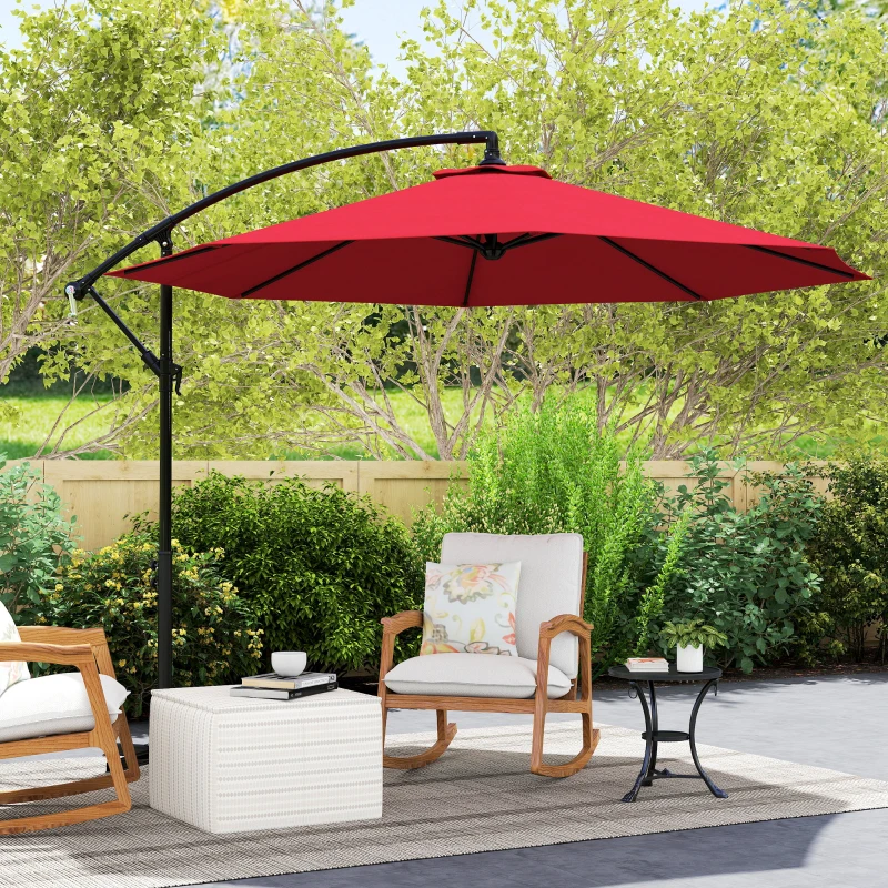 Outsunny 9.7ft Offset Patio UmbrellaCantilever Parasol with Crank Handle, 8 Ribs and Cross Base for Outdoor, Sun Shade, Wine Red