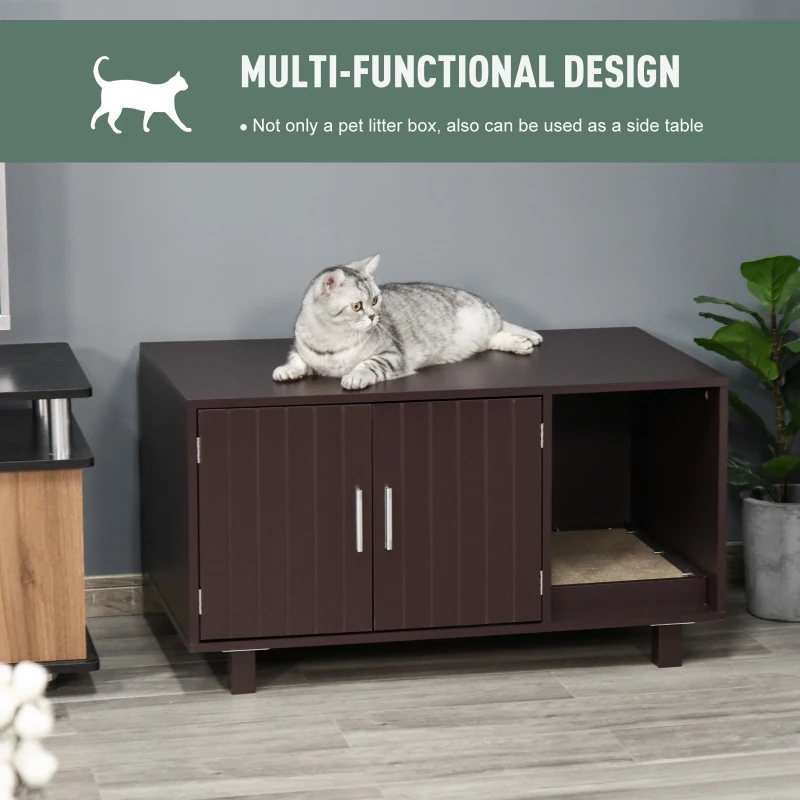 PawHut Cat Litter Box Enclosure, Hidden Litter Box Furniture, Cat House End Table Washroom with Scratching Pad, for Indoor Cats Kittens, 36" x 20.5" x 20", Brown