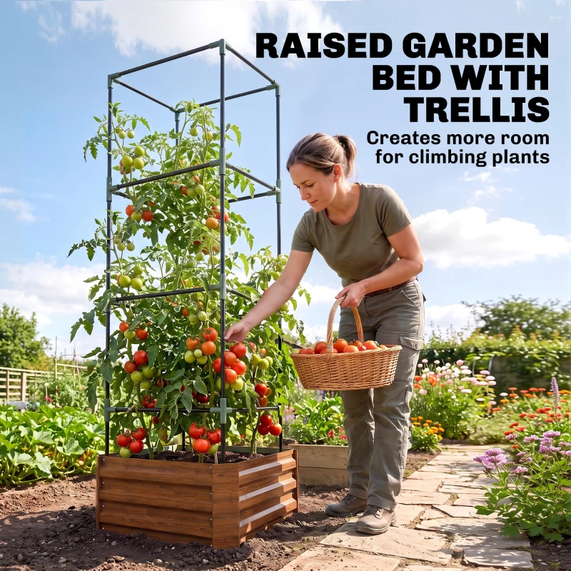 Outsunny Galvanized Planter Box, 24" x 24" x 73.5" Raised Garden Bed with Tomato Cage for Climbing Vines, Brown