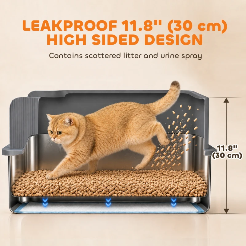 PawHut Stainless Steel Sifting Litter Box for Pine Pellet, High Sided, Anti-Leakage, Less Tracking, Includes Scoop & 10 Pads
