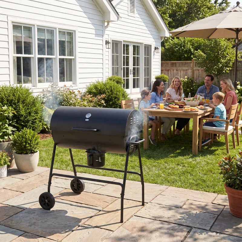 Outsunny Barrel Charcoal BBQ Grill, Barbecue with 420 sq.in. Cooking Area, Wheels, Ash Catcher, Black