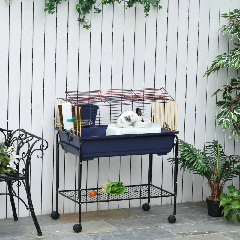 PawHut Small Animal Cage, 35.7" Rolling Guinea Pig Cage with Detachable Stand, Water Dispenser, Food Dish, Ramp, Wheels, for Rabbit, Bunny, Ferret, Chinchilla, Blue, Black, Yellow
