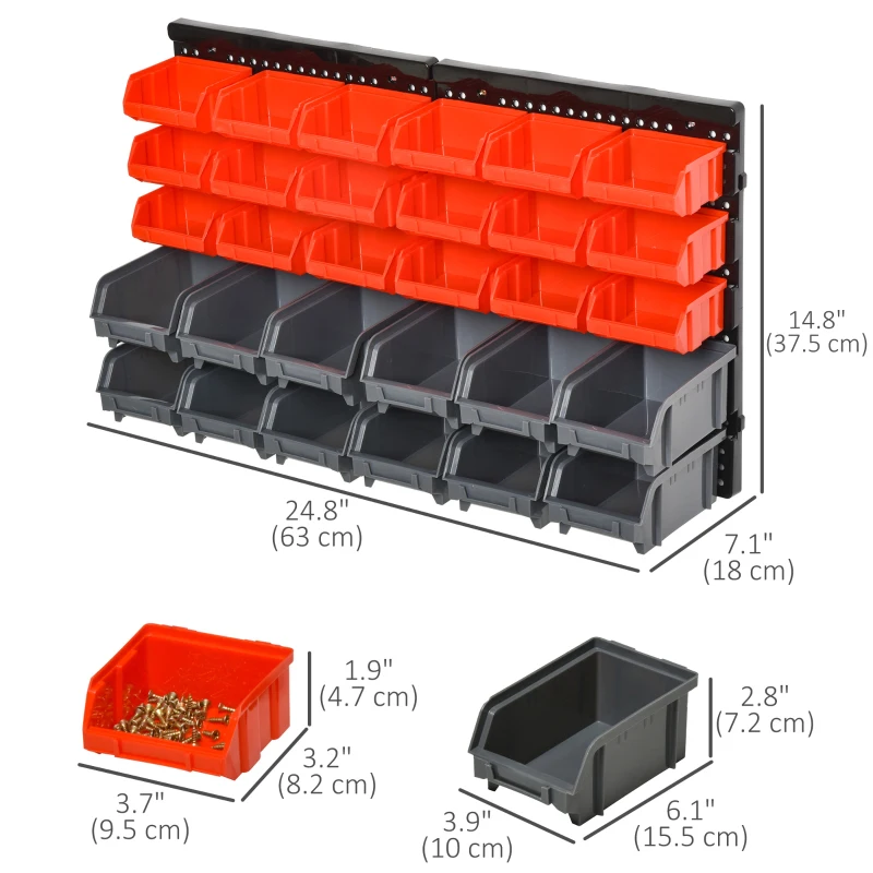 DURHAND Wall Mounted Storage Bin Rack Tool Organizer with 30 Bins, Pegboard for Garage Workshops Red