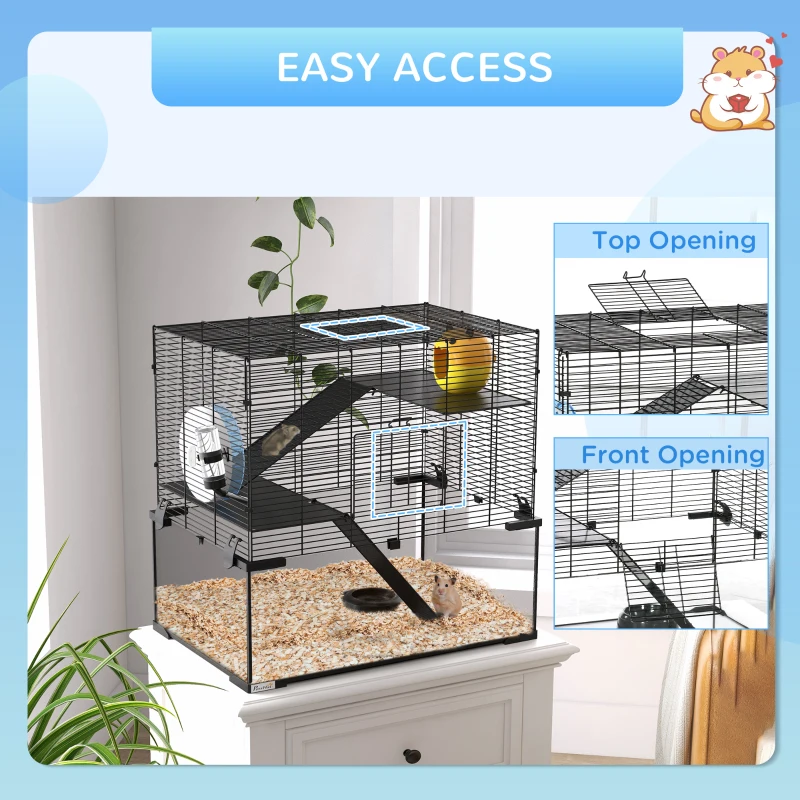 PawHut Hamster Cage, Gerbil Cage with Glass Basin for Small Hamsters, Black