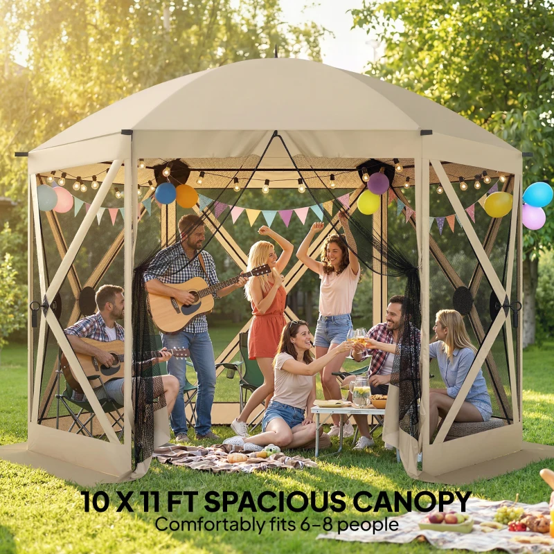 Outsunny 10 x 11 ft Pop Up Gazebo Screen Tent, Portable Instant Camping Canopy Screen House with Nettings, Carry Bag, Beige