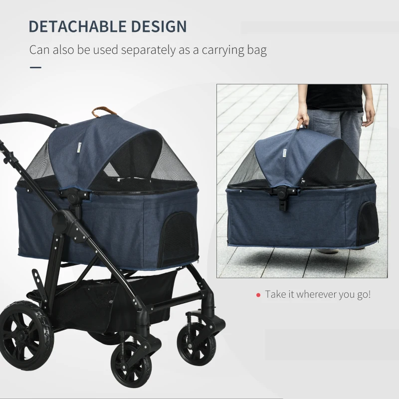 PawHut 2 in 1 Dog Stroller with Detachable Carriage Bag, Adjustable Canopy, Safety Leashes, Storage Basket for S Dogs, Blue