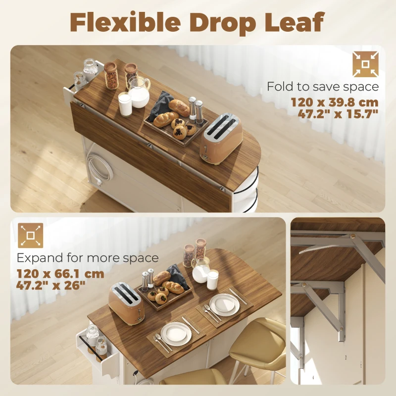 HOMCOM 53" Kitchen Island with Power Outlet and Drop Leaf, Kitchen Cart on Wheels with 360° Rotating Rack, White