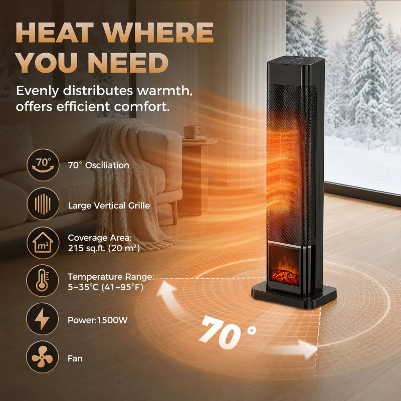 HOMCOM Space Heater with Realistic Flame Effect, 1500W Ceramic Electric Heater with Adjustable Thermostat, Oscillation, Timer