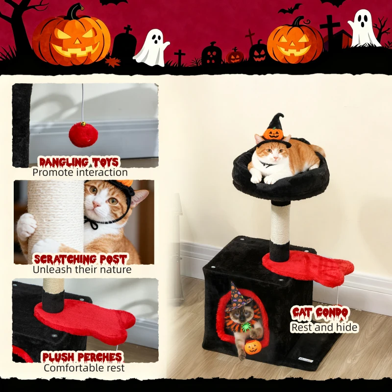 PawHut 28" Gothic Cat Tree Tower with Plush Top Bed, Cozy Condo, Sisal Scratching Post, Perch, Dangling Ball, Red & Black