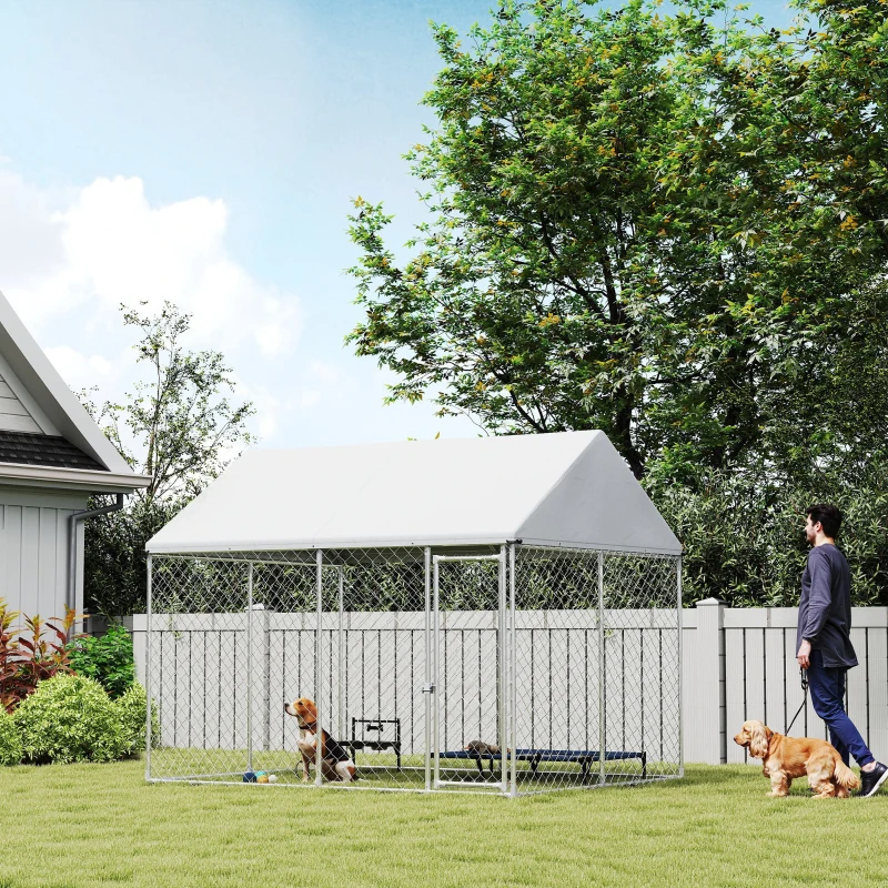 PawHut Heavy Duty Galvanized Steel Outdoor Dog Kennel with Waterproof Roof, Safety Lockable Latch System, 9.2' x 7.5' x 7.2'