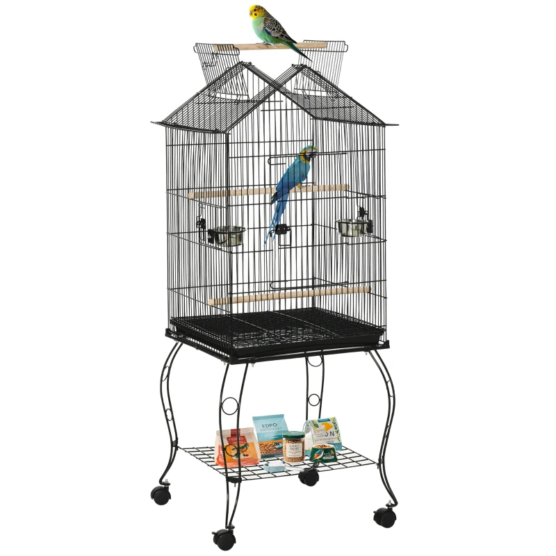 PawHut Bird Cage 57 Inch Flight Cage for Cockatiel, Conure with Rolling Stand, Pull Out Tray, Storage Shelf, Open Top