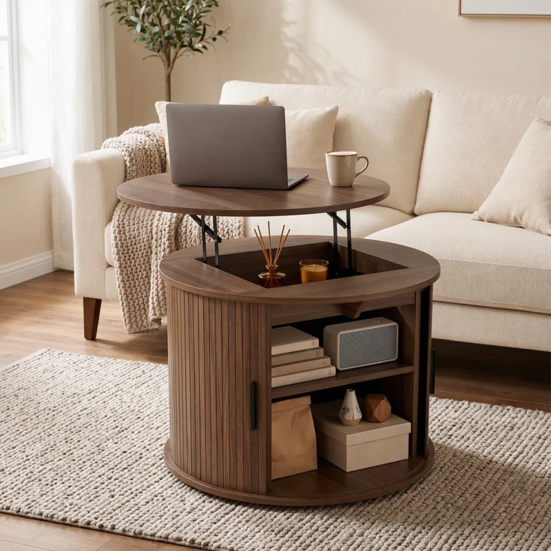 HOMCOM Lift Top Coffee Table, Modern Fluted Round Coffee Table with Layered Storage and Tambour Sliding Door, Walnut Brown
