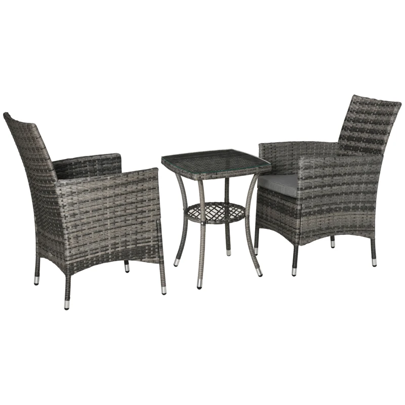 Outsunny 3 Pieces Wicker Patio Furniture Set, Rattan Bistro Set with Glass Top Coffee Table and Cushions, Outdoor Conversation Set for Garden, Porch, Balcony, Mixed Grey