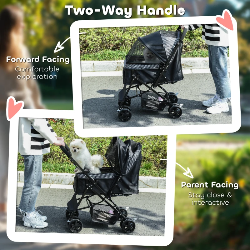 PawHut Foldable Cat Dog Travel Carriage, 4 Wheels Pet Stroller with EVA Wheel Brake, 3-stage Canopy, Mesh Window Door, Black