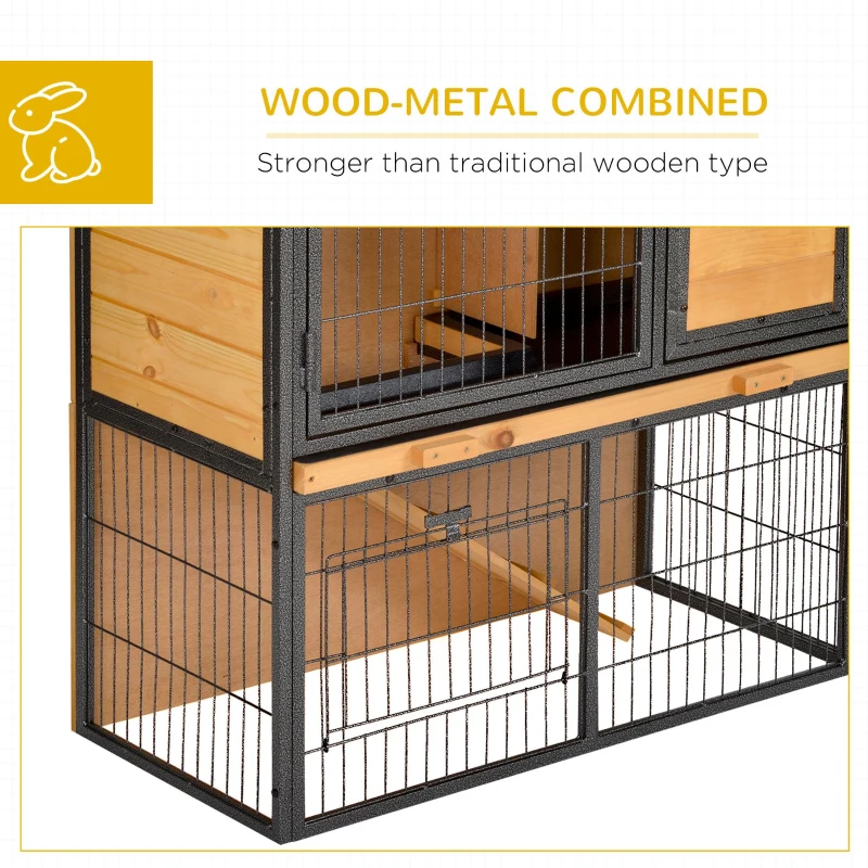 PawHut Wooden Rabbit Hutch Metal Frame Small Animal Habitat with No Leak Tray, Asphalt Openable Roof,Ramp and Lockable Door for Rabbits, Chickens, Ducks, Outdoor Light Yellow