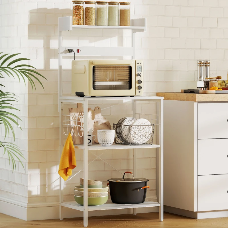 HOMCOM Kitchen Baker's Rack with Power Outlet, Coffee Bar Station with Adjustable Shelves and Hooks, Distressed White