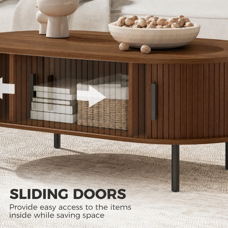 HOMCOM Coffee Table with Sliding Tambour Doors and Storage Center Table with Metal Legs, 39", Brown