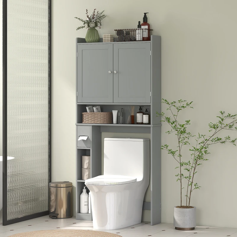 HOMCOM Modern Over The Toilet Storage Shelf with 2 Doors, Above Commode Storage Cabinet with Toilet Paper Holder, Grey