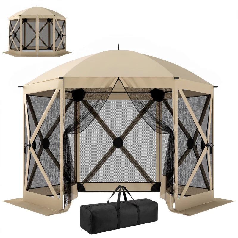 Outsunny 10 x 11 ft Pop Up Gazebo Screen Tent, Portable Instant Camping Canopy Screen House with Nettings, Carry Bag, Beige
