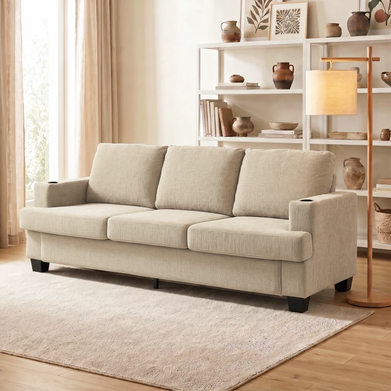 HOMCOM 3 Seater Sofa with USB Ports & Cup Holders, Chenille-Feel Upholstered Couch for Living Room, Light Brown