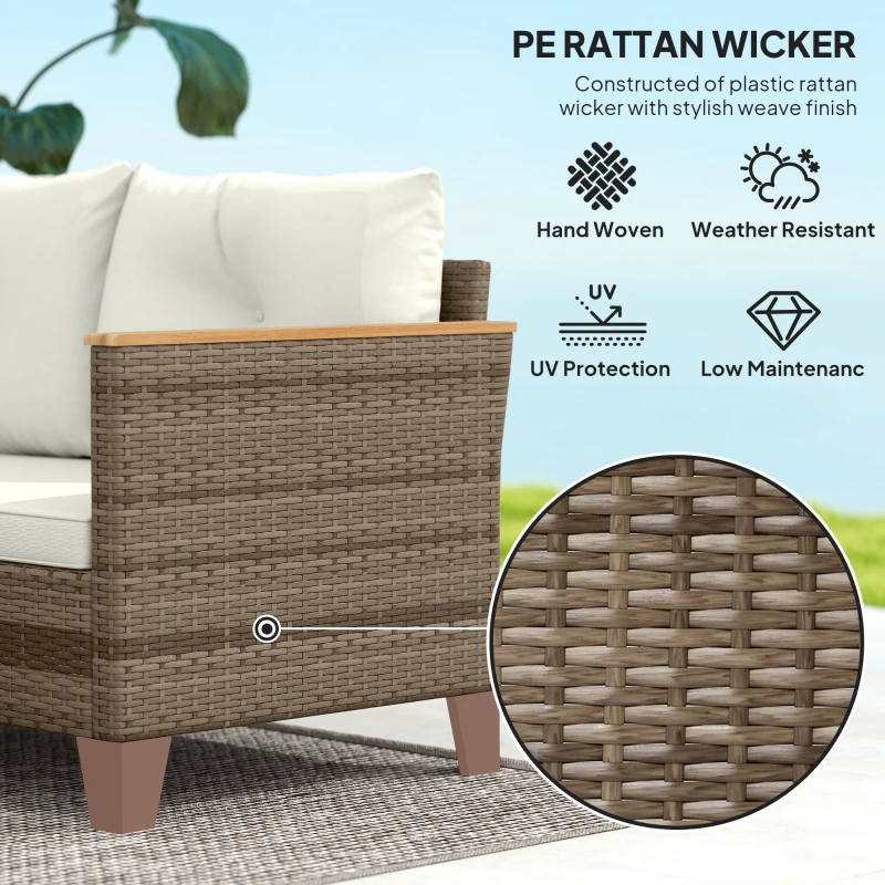 Outsunny 3 Piece Patio Furniture Set, L-Shaped Outdoor Furniture Conversation Set with Wood Top Coffee Table, Cream