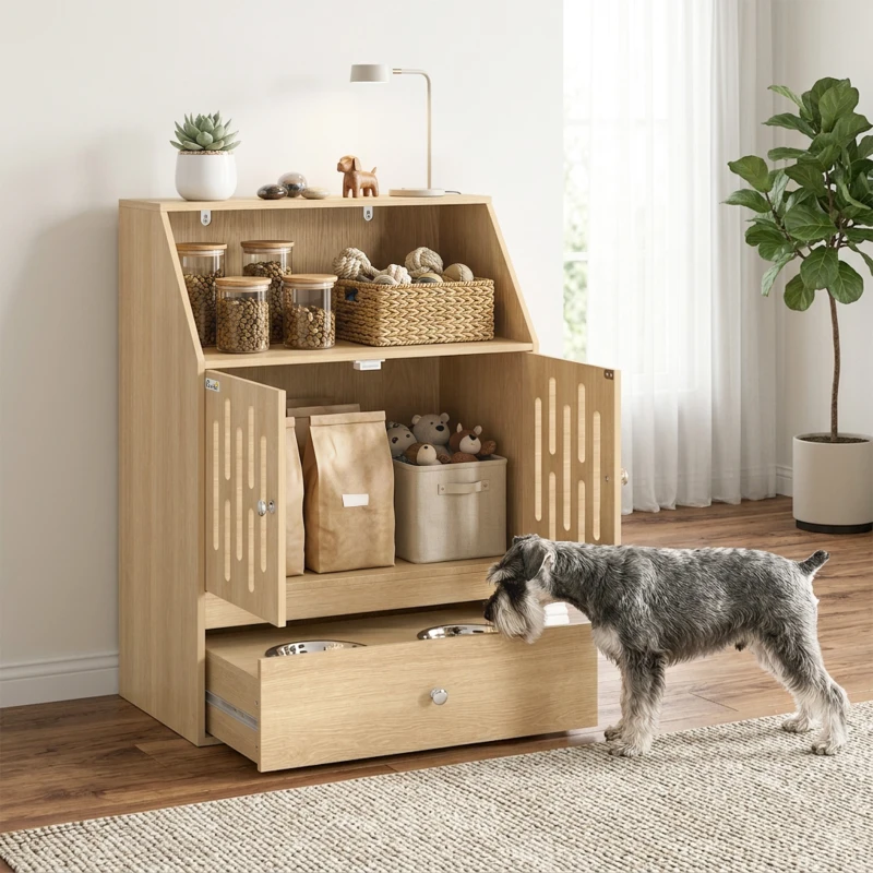 PawHut Dog Feeding Station, Pet Food Storage Cabinet with 2 Elevated Bowls & Slow-Feed Mat for Dogs & Cats