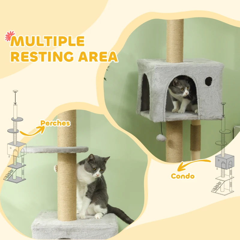 PawHut 89"-100" Floor to Ceiling Cat Tree w/ Scratching Post, Cat House, 3-Steps, Hanging Ball, Perches, Light Grey