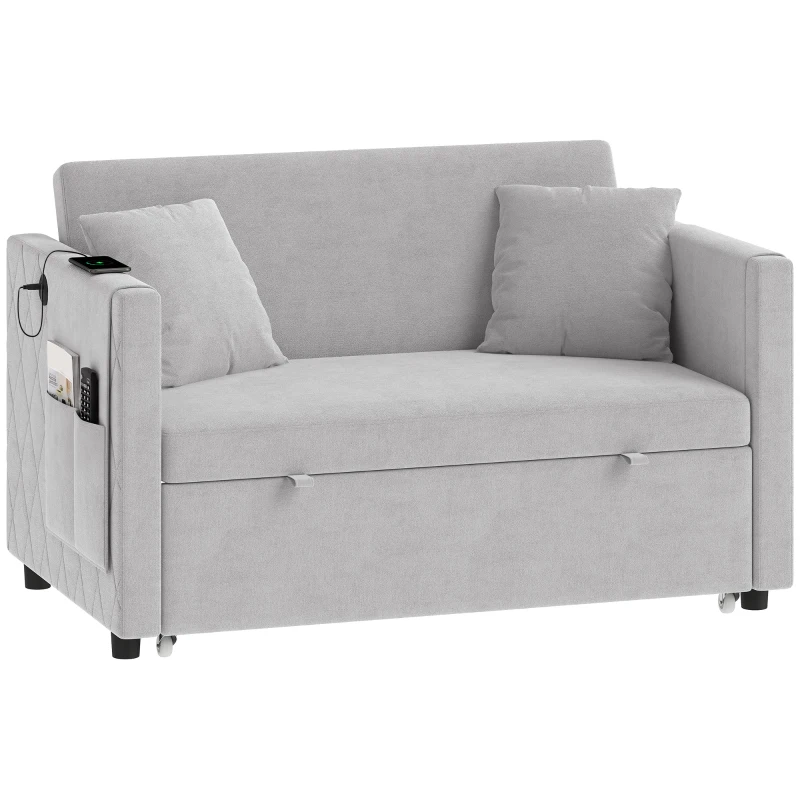 HOMCOM 52" Sofa Bed, Holland Velvet Loveseat Pull Out Sleeper Sofa with USB Ports, Adjustable Backrest, Side Pockets, Grey