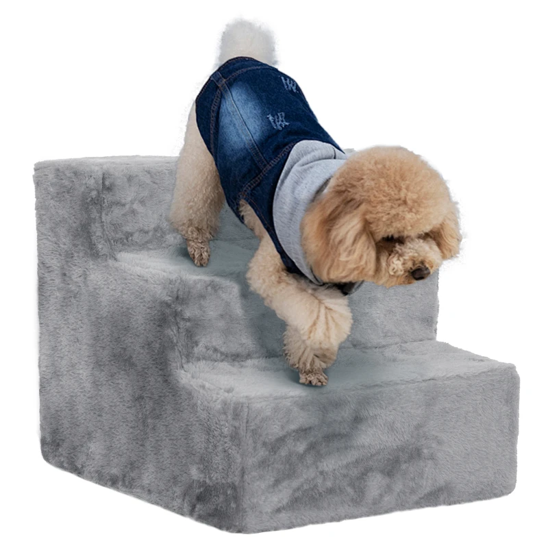 PawHut 3-Step Dog Ramp for Sofa, Bed, and Couch, with Removable Cover, Light Grey