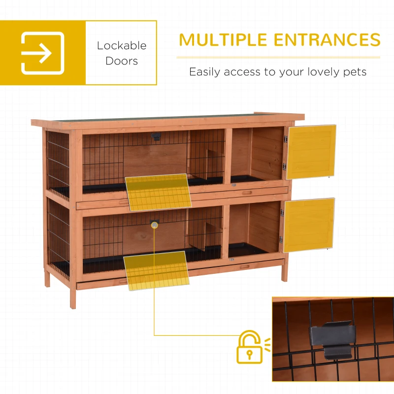 PawHut 54"L 2-Story Large Rabbit Hutch Bunny Cage Wooden Pet House Small Animal Habitat with Lockable Doors, No Leak Tray and Waterproof Roof for Outdoor/Indoor Orange