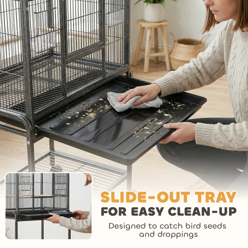 PawHut 56"H Bird Cage, Parrot Cage w/ Detachable Rolling Stand, Removable Tray, Storage Shelf, Perches, Food Container