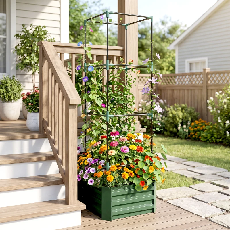 Outsunny Galvanized Planter Box, 24" x 24" x 73.5" Raised Garden Bed with Tomato Cage for Climbing Vines, Green