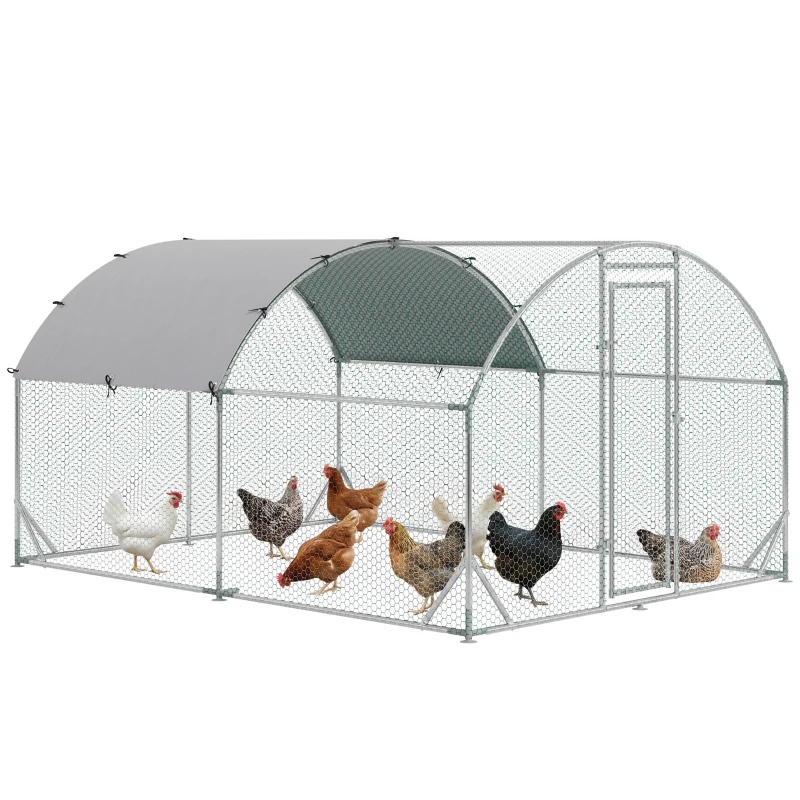 PawHut Galvanized Large Metal Chicken Coop Cage Walk-in Enclosure Poultry Hen Run House Playpen Rabbit Hutch with Cover for Outdoor Backyard 9.2' x 12.5' x 6.5' Silver