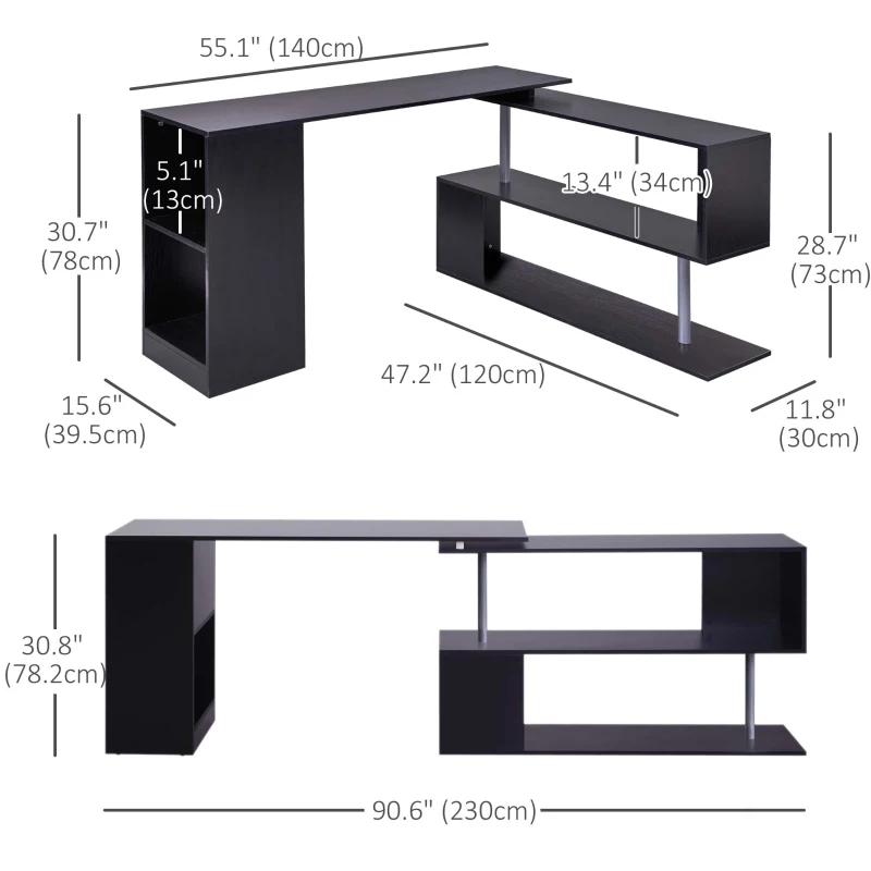 HOMCOM 55" Corner Computer Desk, 360° Rotating L-Shaped Desk, Home Office Workstation with 3-Tier Shelves, Bookshelf, Black
