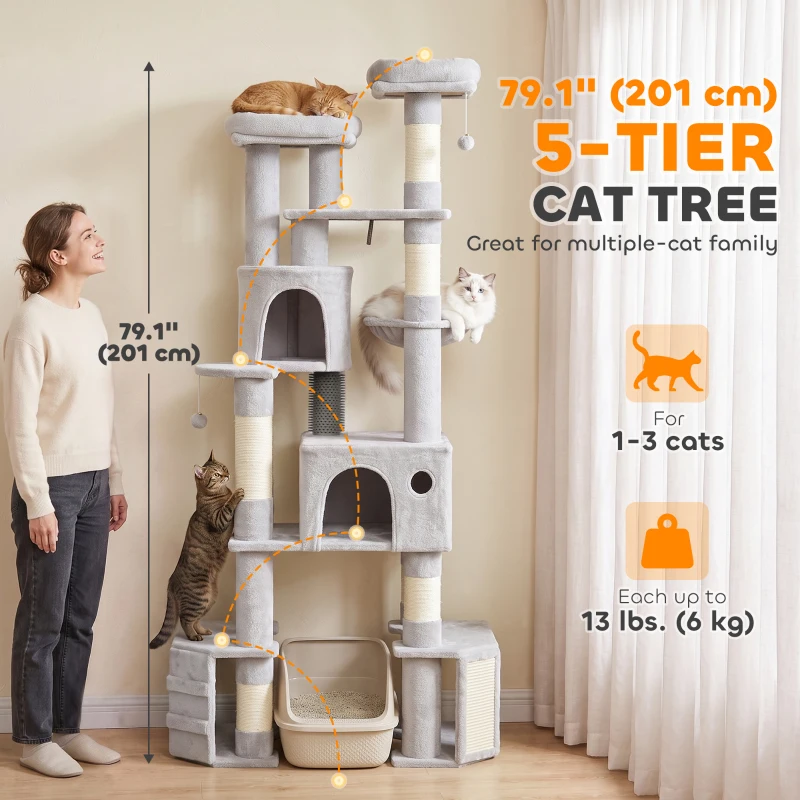 PawHut 79" Tall Cat Tree for Indoor Large Cats Adult with Split Baseboard, 2 Cat Condos, 2 Beds, 5 Sisal Scratching Posts