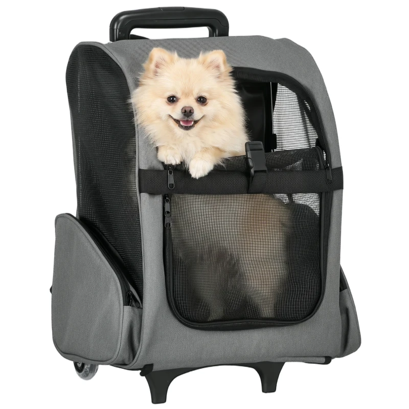 PawHut 2-IN-1 Pet Luggage Box Backpack Carrier Cats Dogs w/ Handle, Rolling Wheel Grey