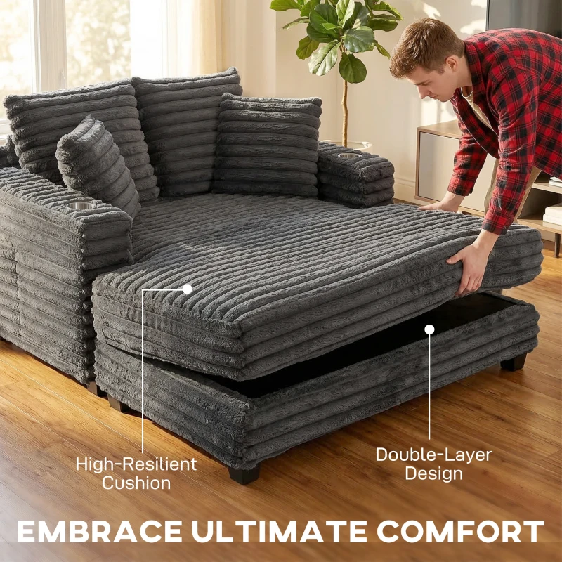HOMCOM 60" Chaise Lounge Chair, Oversized Upholstered Sofa Bed with Cup Holders & Pillows, Sleeper Couch for Living Room, Grey