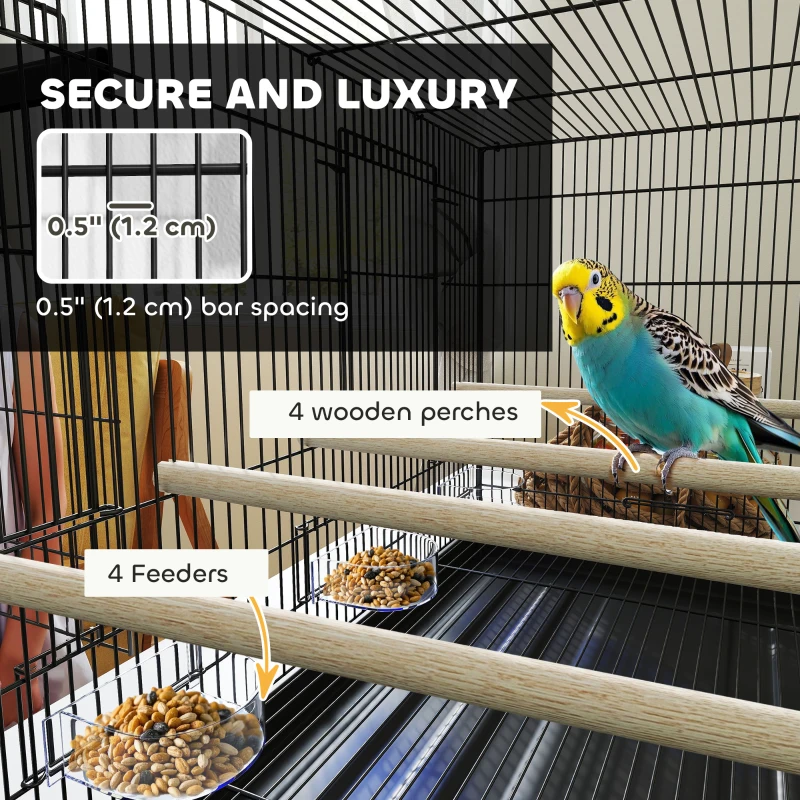 PawHut 18" H Bird Cage, Large Parakeet Cage for Budgie, Lovebird, Canary, Finches with Divider, Black